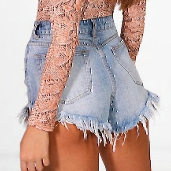 NEW NWT BOOHOO High Waisted Rise Extreme Frey Hem Denim Short Ripped PETITE 6P - Picture 3 of 9